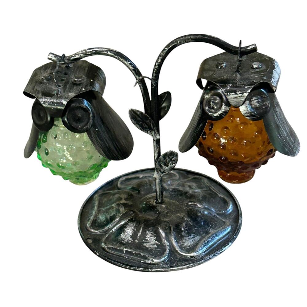 Vintage 1970s Owl Salt & Pepper Shakers Hobnail Glass on Metal Tree Stand -